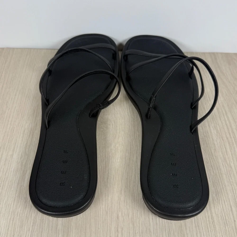 Sandals Reef Womens 9 Black Strappy Flat Slide Minimalist Summer